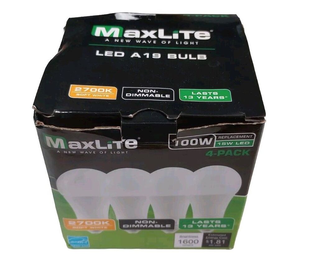 MaxLite Light Bulbs 4-Pack Soft White A19 100W (15W LED) 1600 Lumens Used
